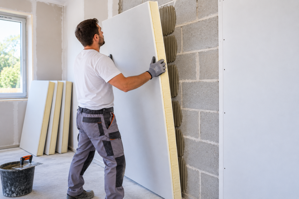 Artisan posant un panneau de doublage isolant prêt à poser sur un mur intérieur.
