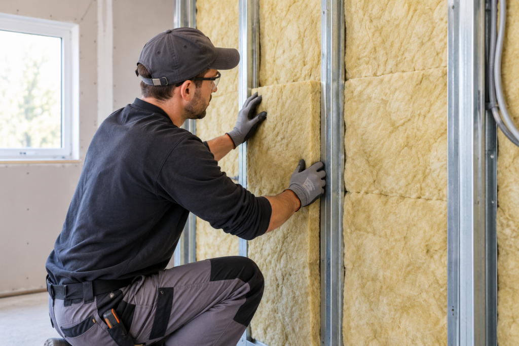 Artisan posant un isolant thermique sur une ossature métallique pour l’isolation intérieure d’un mur.