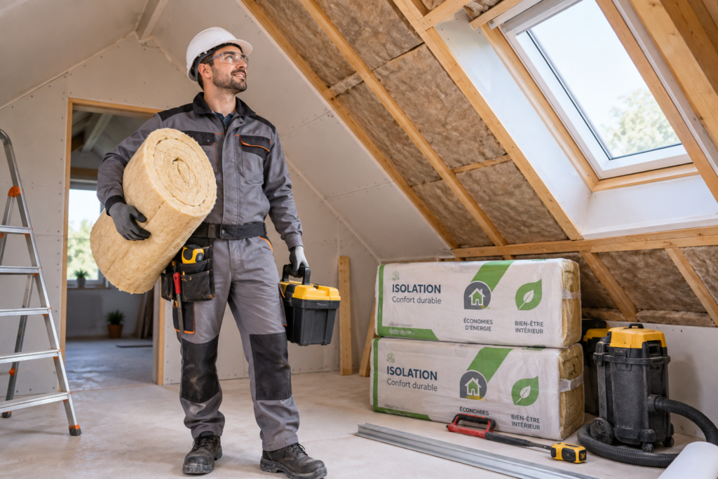 Artisan préparant des travaux d’isolation dans des combles aménagés