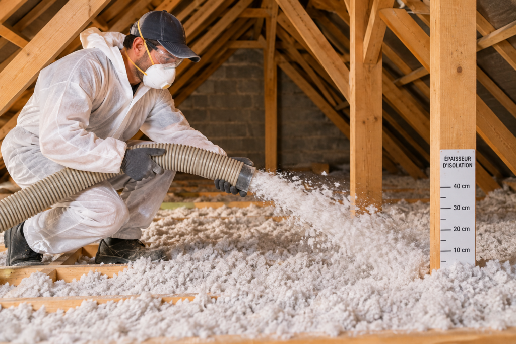 Artisan réalisant l’isolation de combles perdus par soufflage