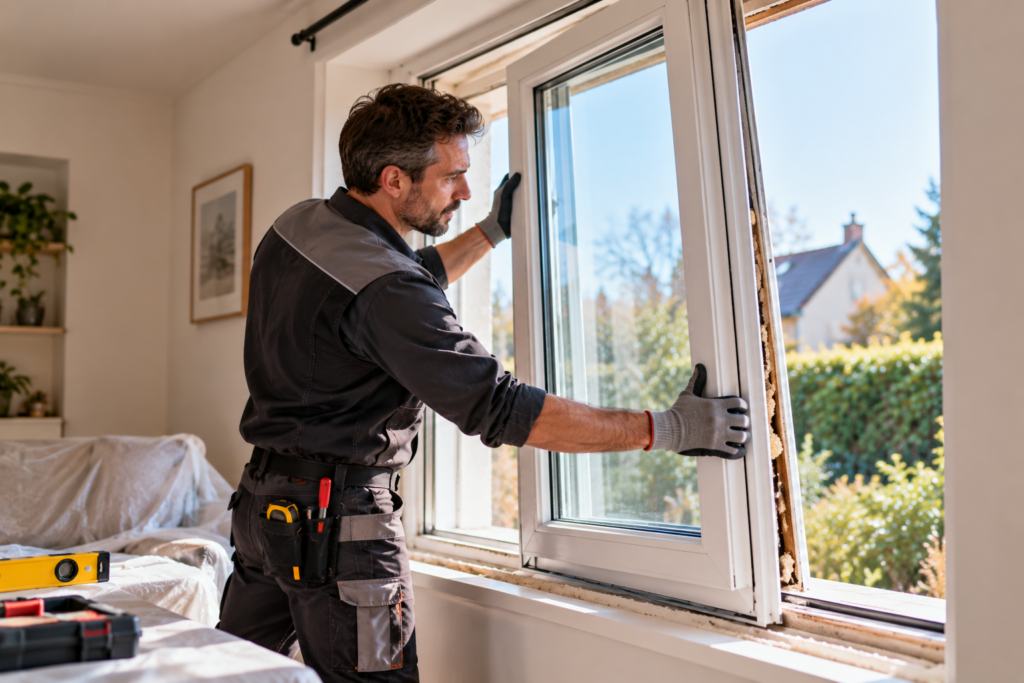Artisan installant une nouvelle fenêtre isolante dans une maison lors de travaux de rénovation énergétique.