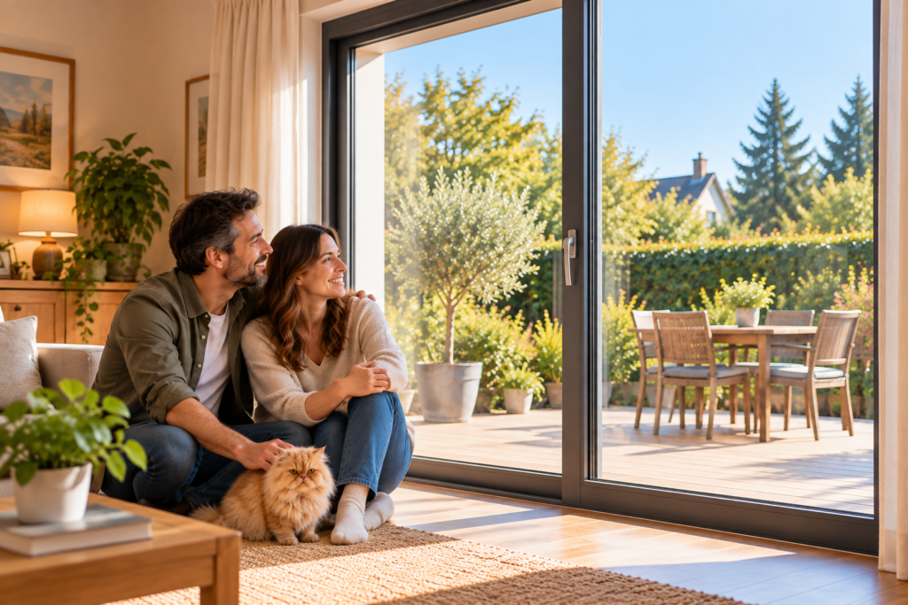 Couple profitant du confort de leur maison après le remplacement d’une baie vitrée par une menuiserie plus performante.