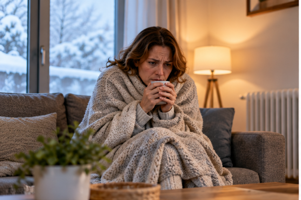 Personne ayant froid dans son logement en hiver, illustrant un besoin de chauffage adapté.