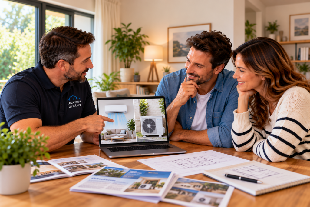 Étude d’une installation de climatisation réversible avec des propriétaires et présentation des équipements adaptés à leur maison.