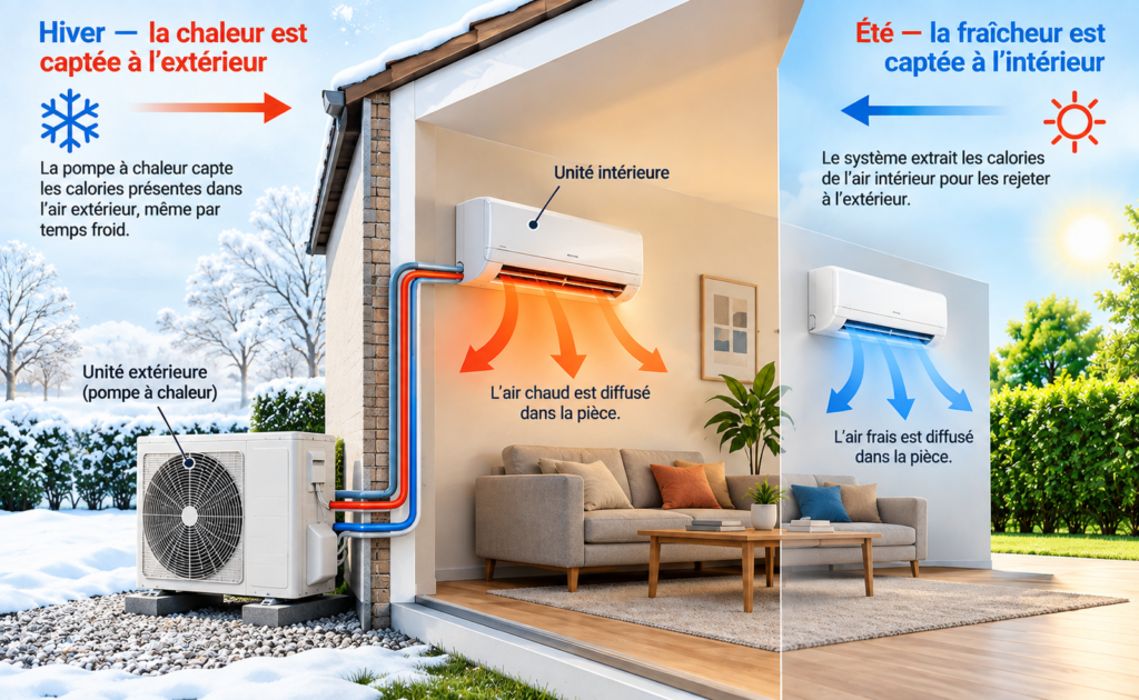 Schéma du fonctionnement d’une climatisation réversible, produisant de la chaleur en hiver et de la fraîcheur en été.