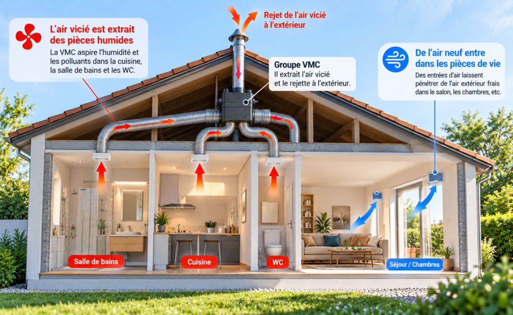 Schéma du fonctionnement d’une VMC montrant l’extraction de l’air vicié dans les pièces humides et l’entrée d’air neuf dans les pièces de vie.