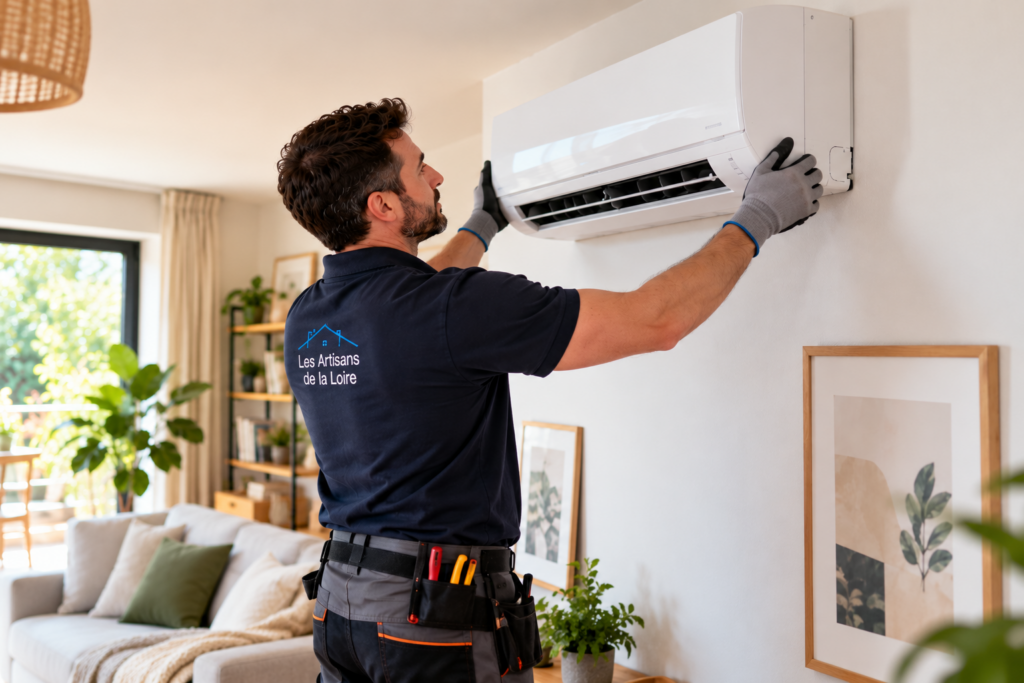 Artisan installant une unité intérieure de climatisation réversible sur le mur d’une maison.