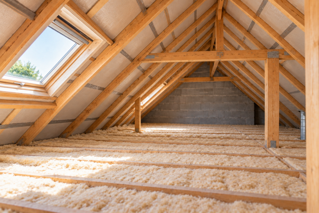 Combles après travaux avec isolation thermique du plancher et de la toiture.