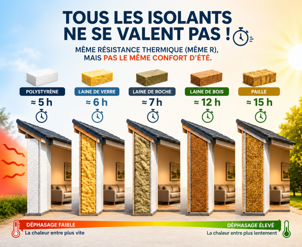 Comparatif du déphasage thermique des isolants des murs par l'intérieur et de leur confort en été
