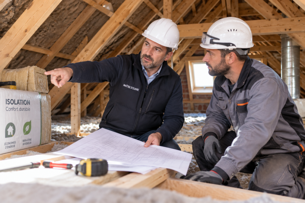 Maître d’œuvre échangeant avec un artisan lors de travaux d’isolation des combles