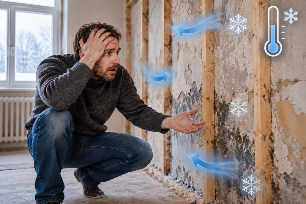 Propriétaire constatant des murs intérieurs dégradés et mal isolés avant des travaux d’isolation thermique.