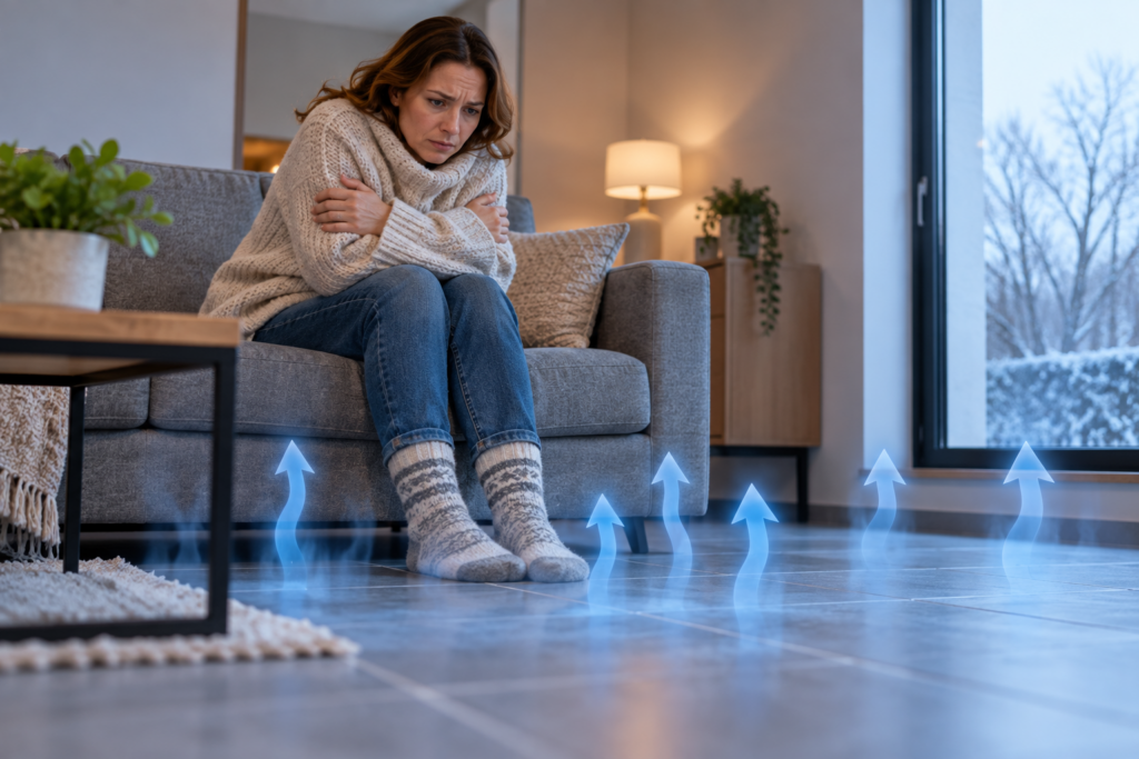 Sensation de froid remontant d’un plancher bas non isolé dans une maison en hiver.