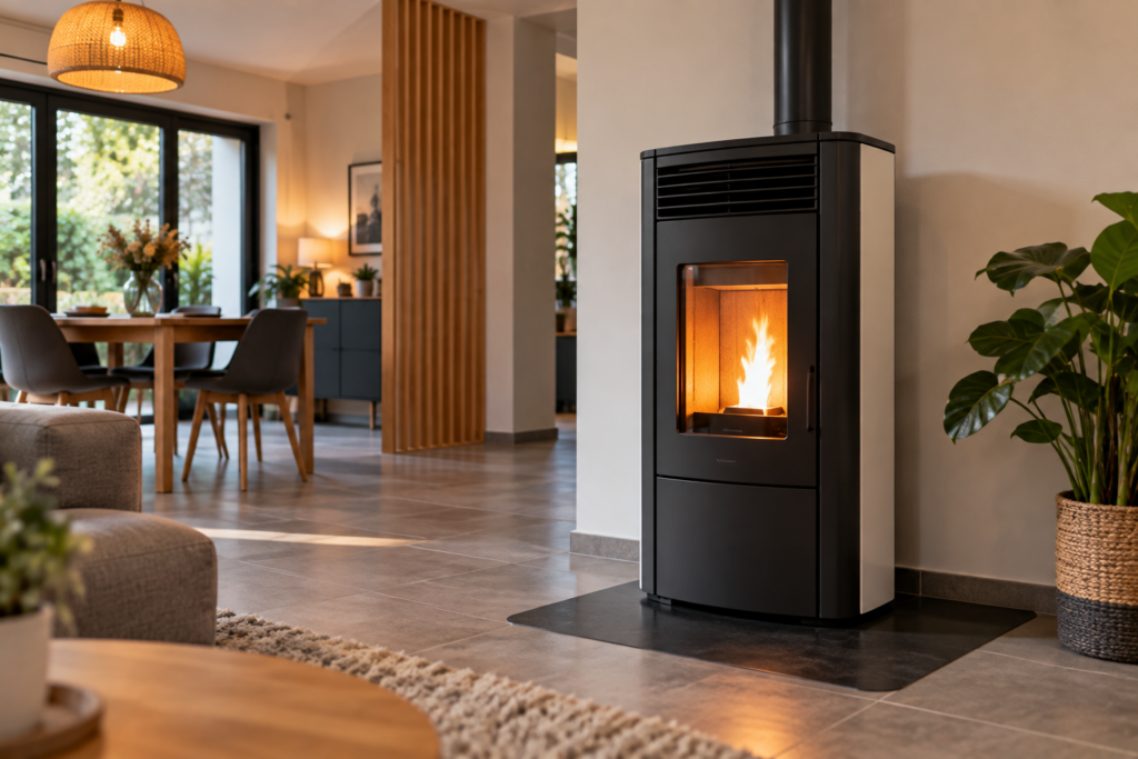Poêle à granulés installé dans le séjour d’une maison pour assurer le chauffage intérieur.