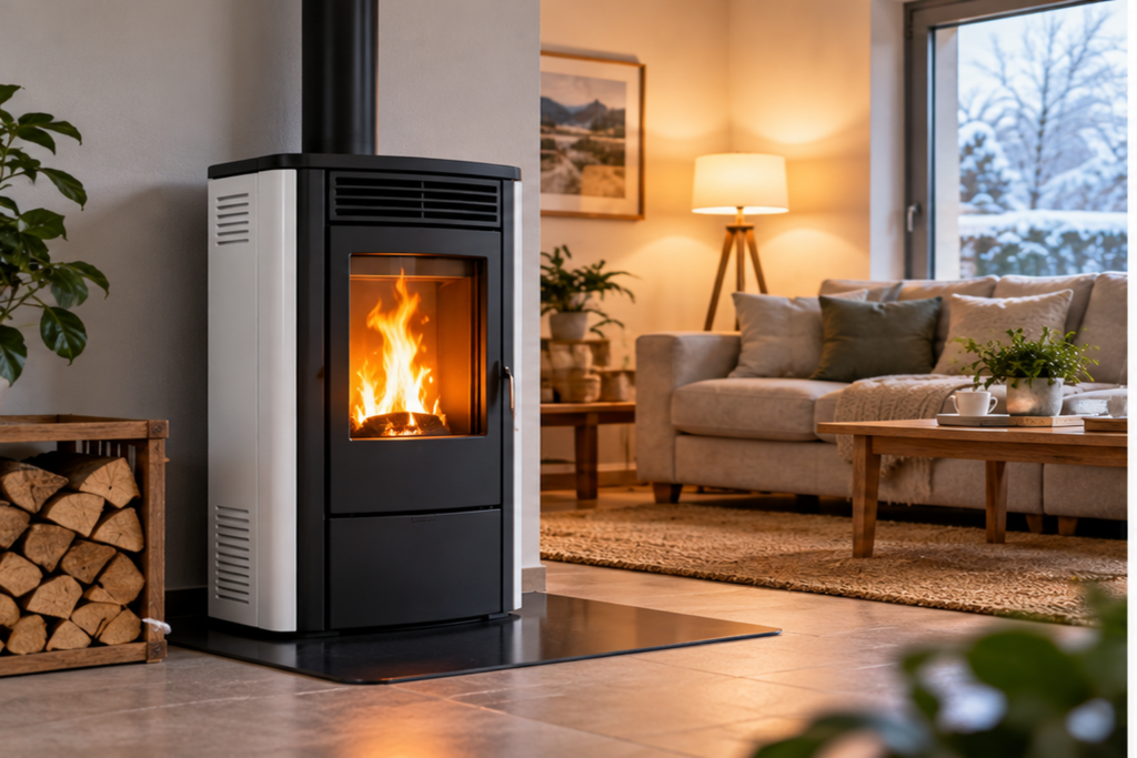 Poêle de chauffage installé dans le séjour d’une maison pour apporter chaleur et confort en hiver.