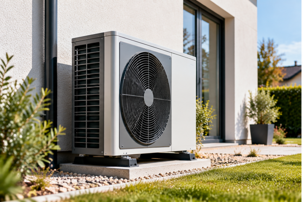 Pompe à chaleur air-eau installée à l’extérieur d’une maison pour assurer son chauffage.