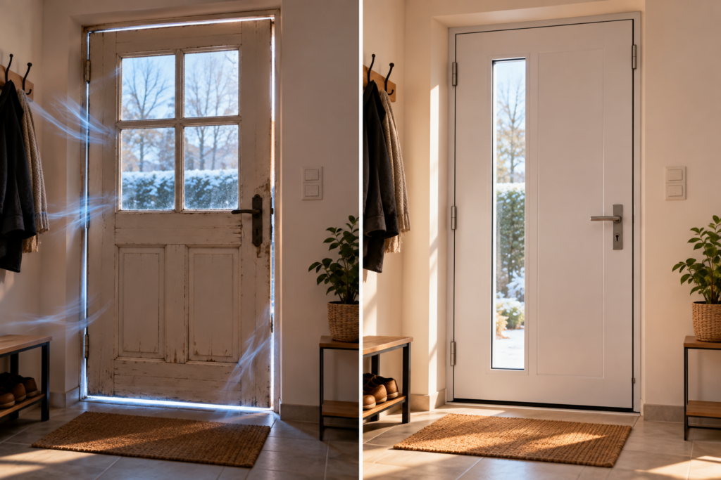 Comparaison d’une porte d’entrée mal isolée et de la même entrée après remplacement par une porte mieux isolée.