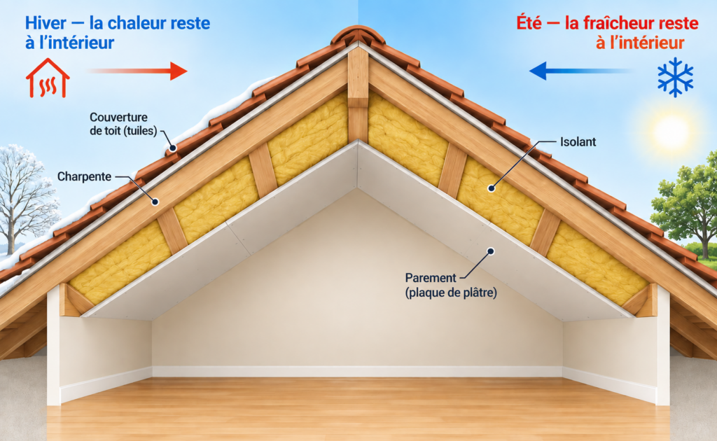 Schéma de l'isolation des combles sous toiture pour améliorer le confort thermique en hiver et en été.