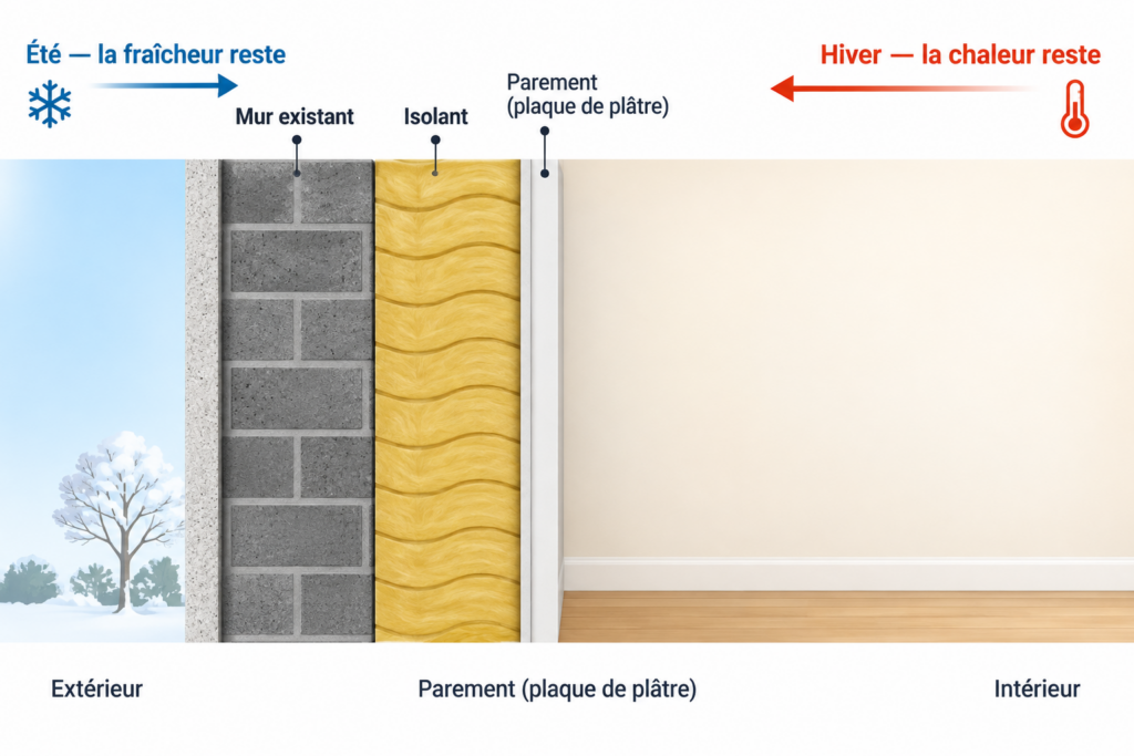 Schéma d'isolation thermique des murs par l’intérieur avec isolant et plaque de plâtre