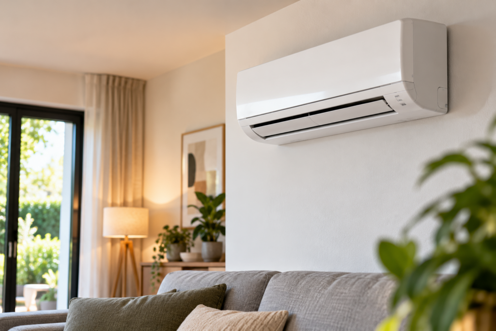 Unité intérieure de climatisation réversible installée dans le séjour d’une maison.
