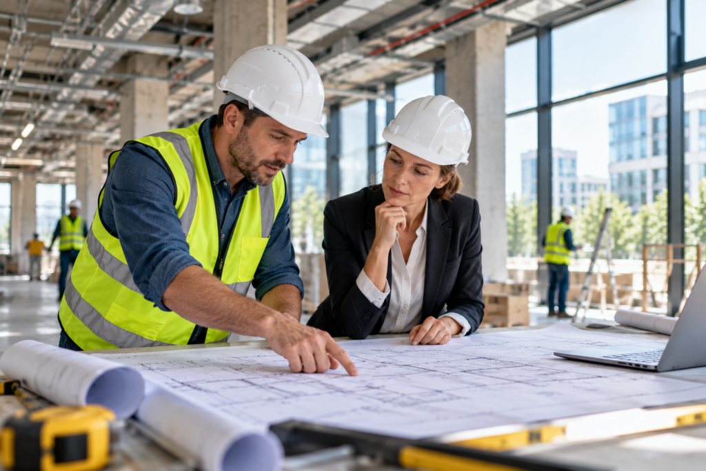 Professionnels échangeant autour des plans d’un chantier de rénovation énergétique d’un bâtiment tertiaire