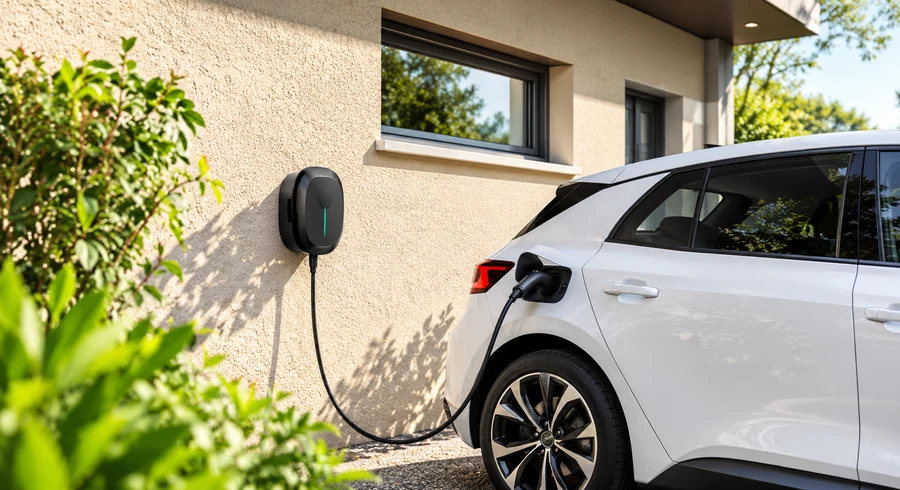Borne de recharge murale alimentant un véhicule électrique stationné devant une maison.