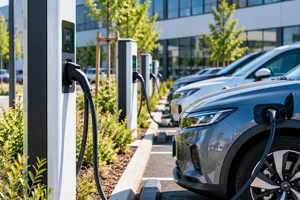 Bornes de recharge pour véhicules électriques sur le parking d’un bâtiment professionnel