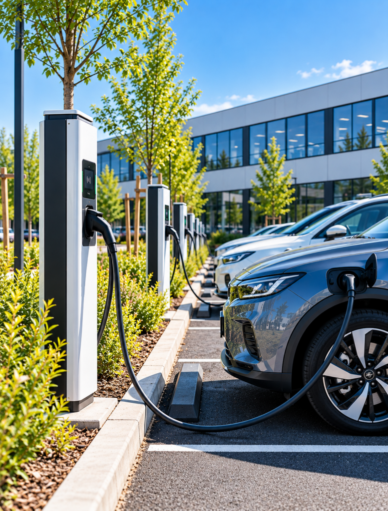 Bornes de recharge pour véhicules électriques sur le parking d’un bâtiment professionnel