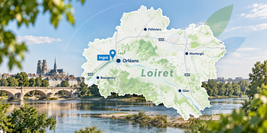 Carte du Loiret avec Ingré, Orléans et les principales villes du département