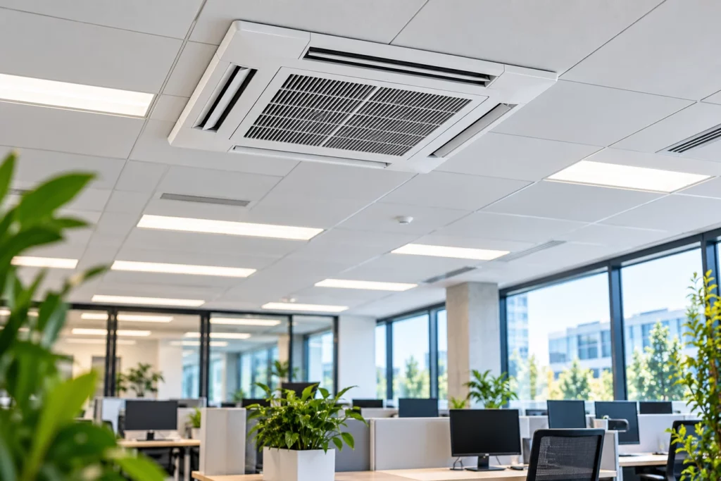 Système de chauffage et de climatisation dans des bureaux d’un bâtiment tertiaire