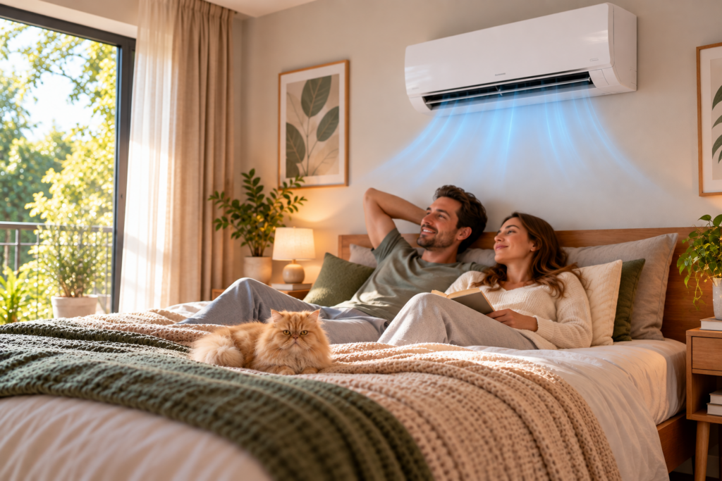 Couple profitant d’une chambre confortable équipée d’une climatisation murale.