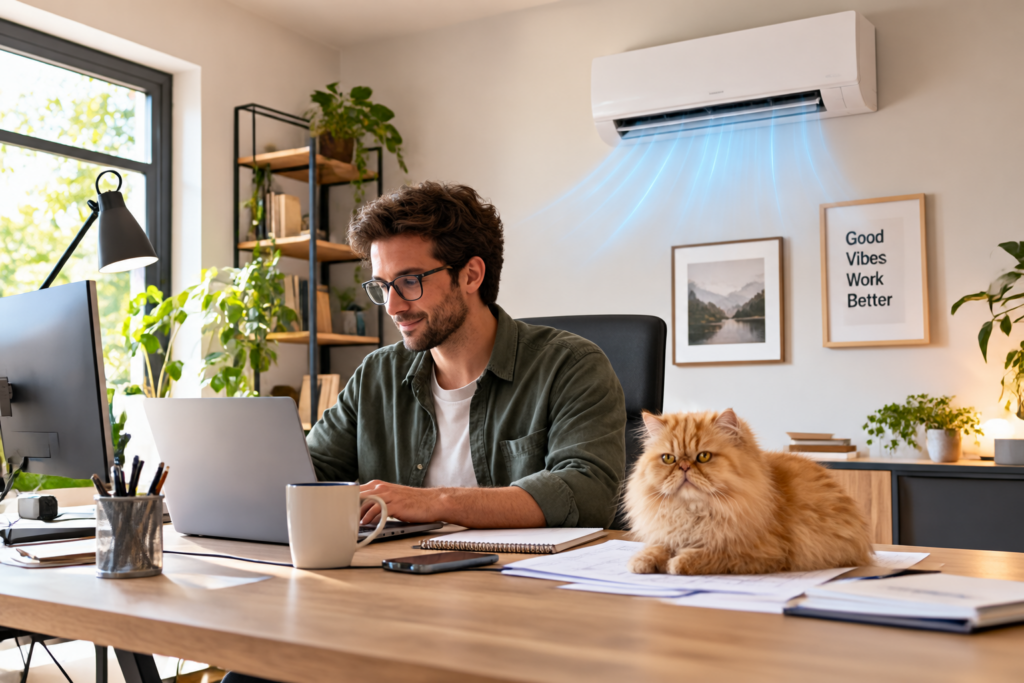 Personne travaillant dans un bureau à domicile équipé d’une climatisation murale.