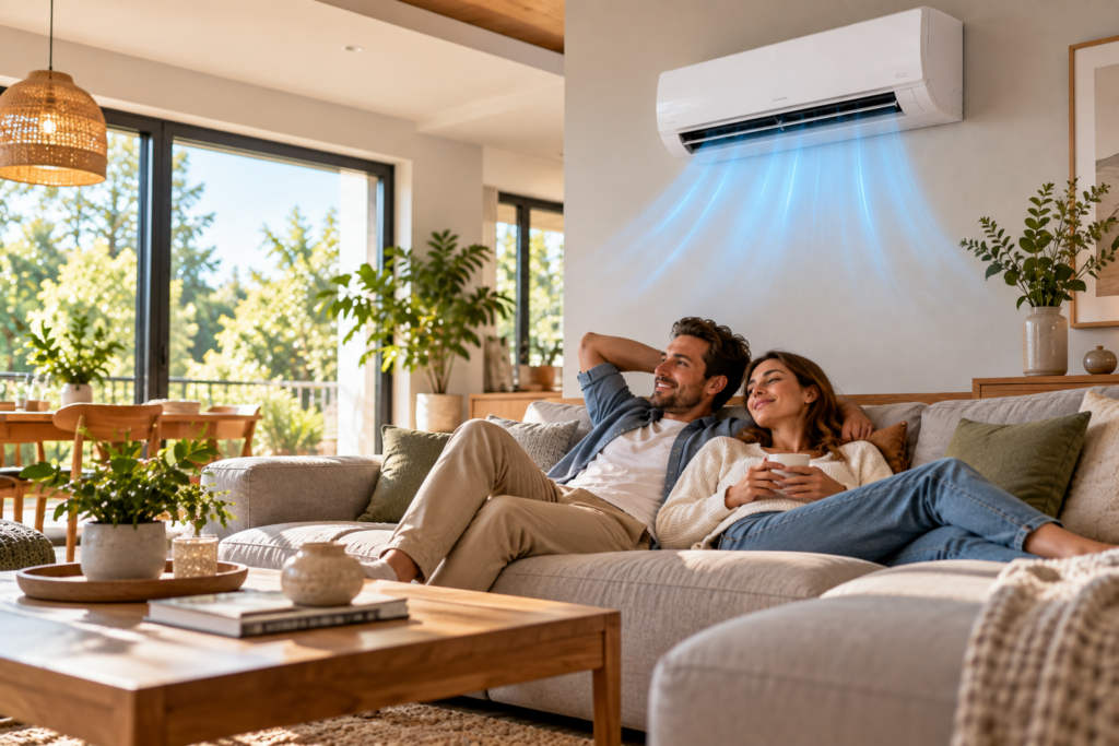 Couple profitant du confort d’un séjour équipé d’une climatisation.