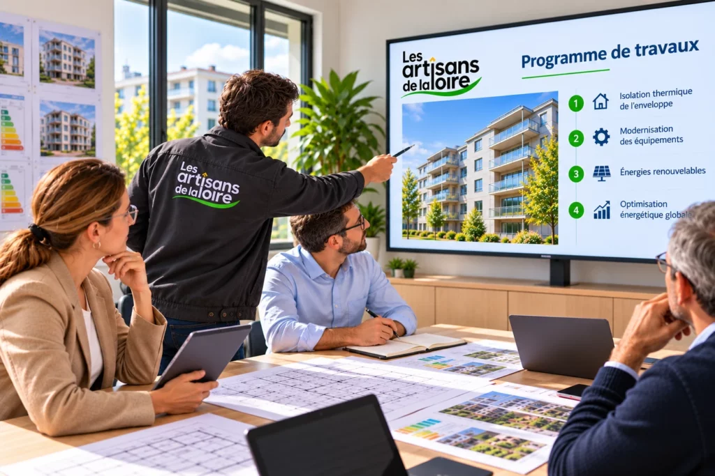 Réunion de définition du programme de rénovation énergétique d’un bâtiment collectif.