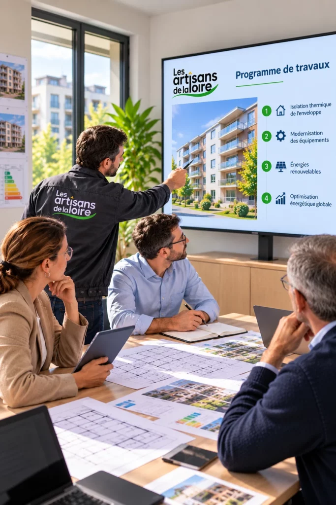 Réunion de définition du programme de rénovation énergétique d’un bâtiment collectif.