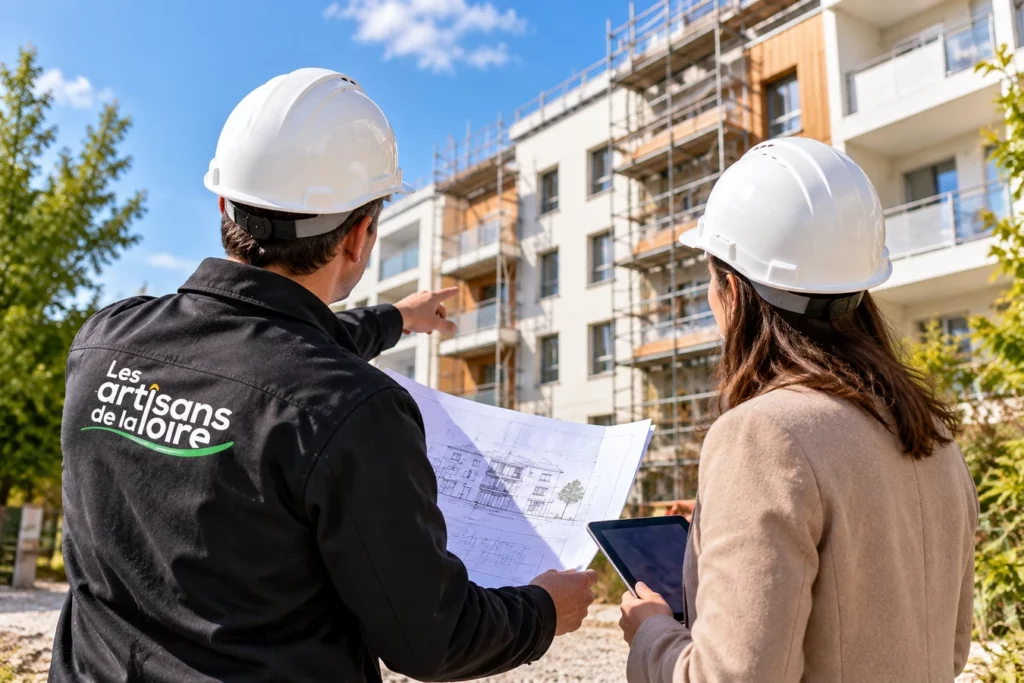 Examen des plans d’un bâtiment collectif pour évaluer les besoins de rénovation énergétique.