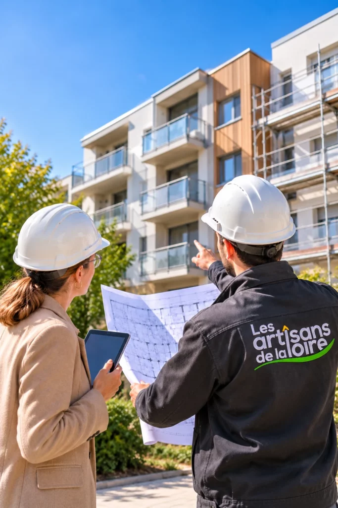 Examen des plans d’un bâtiment collectif pour évaluer les besoins de rénovation énergétique.