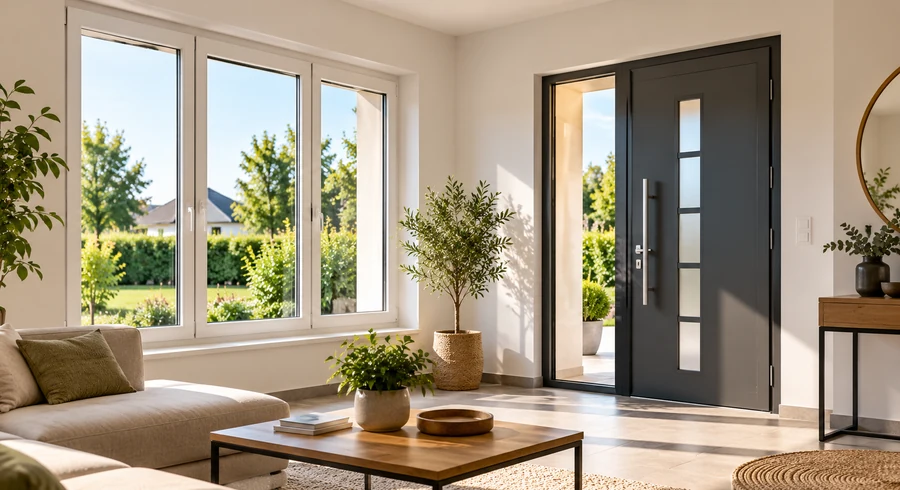 Grande fenêtre à double vitrage donnant sur le jardin d’une maison.