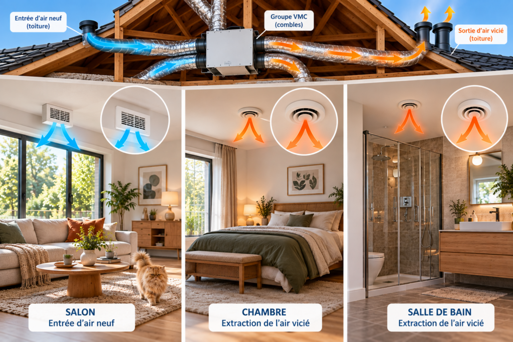Schéma du fonctionnement d’une VMC montrant le renouvellement de l’air entre le séjour, la chambre et la salle de bain.