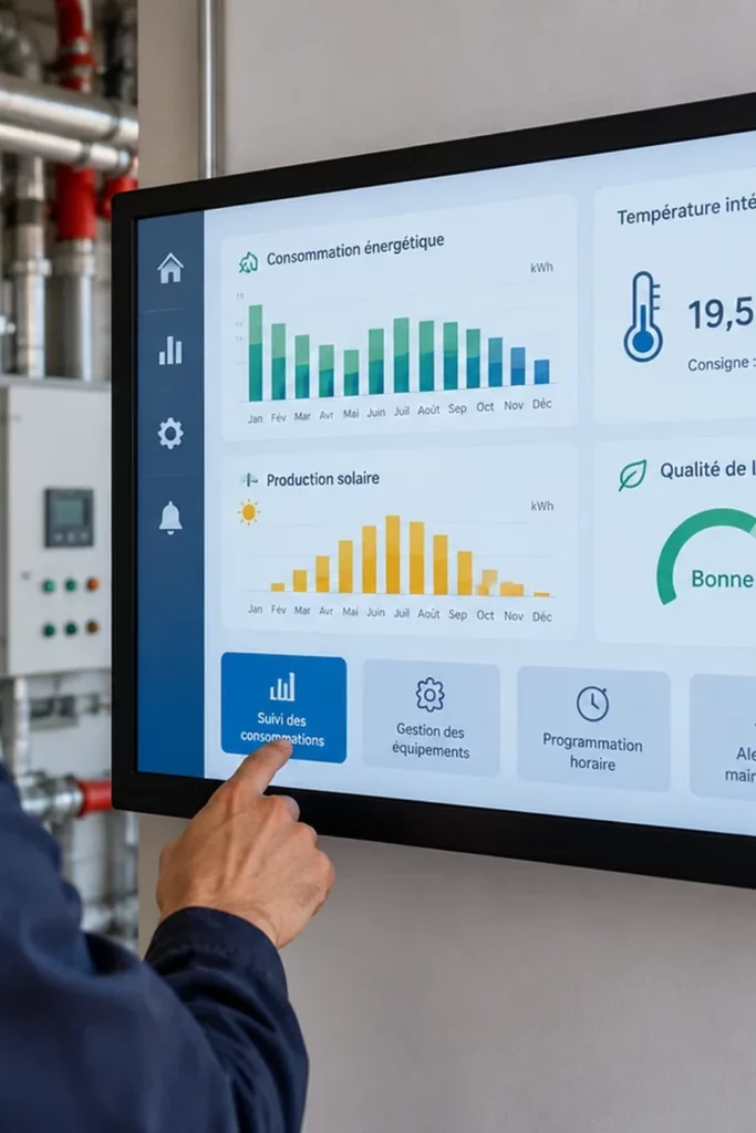 Technicien consultant un tableau de bord numérique pour contrôler les équipements techniques et suivre les consommations énergétiques d’un immeuble collectif.