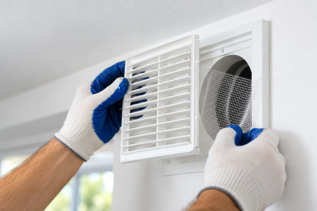 Installation d’une bouche d’extraction de VMC pour assurer le renouvellement de l’air dans une maison.