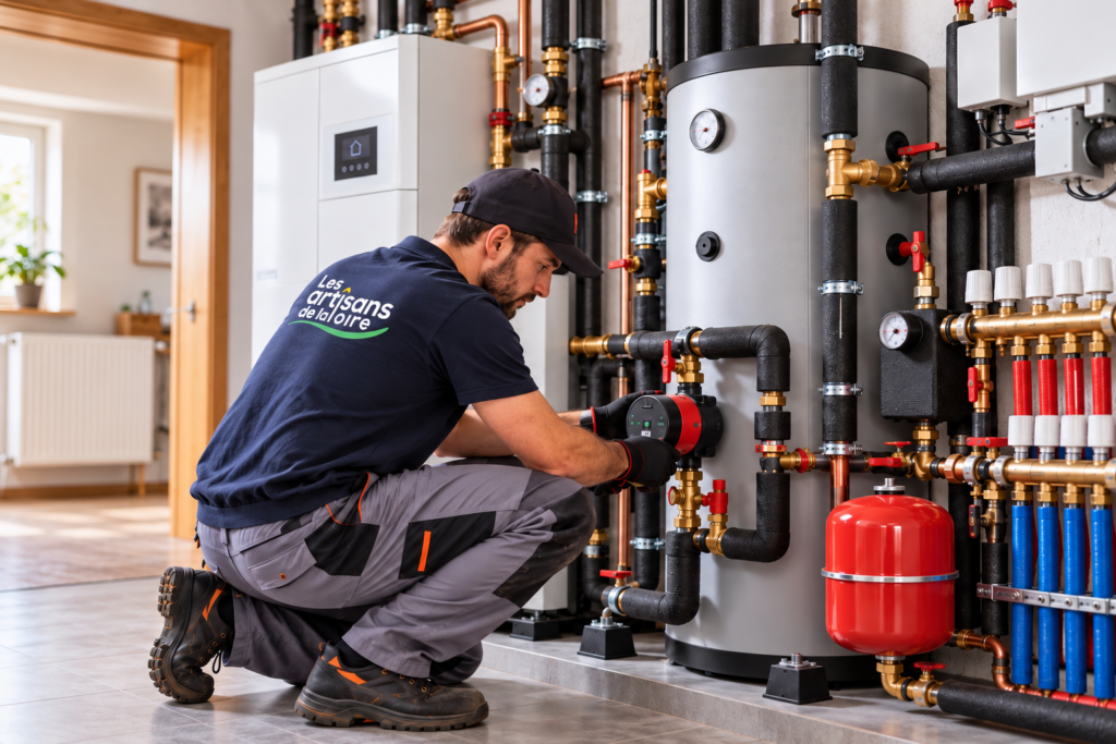 Technicien intervenant sur une installation de chauffage et ses équipements hydrauliques dans un local technique.