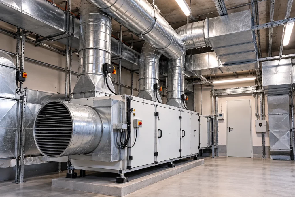Installation d’un système de ventilation collective destiné au renouvellement de l’air dans un immeuble résidentiel.
