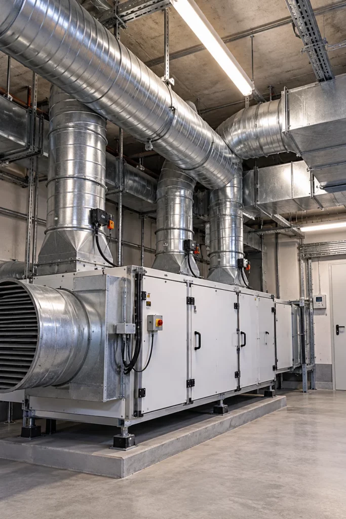Installation d’un système de ventilation collective destiné au renouvellement de l’air dans un immeuble résidentiel.