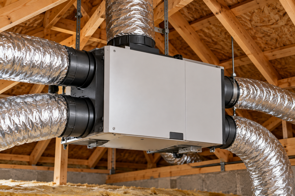Système de VMC double flux installé dans les combles d’une maison avec ses gaines de ventilation.