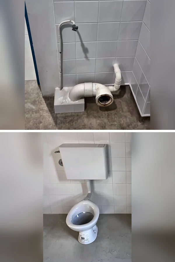 Deux vues des travaux de plomberie et de l'installation d'un WC pour enfant dans une école maternelle à Saint-Laurent-Nouan (41).