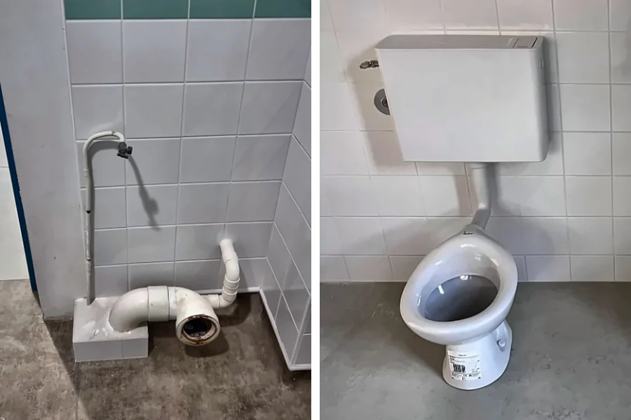 Comparaison pendant et après les travaux de plomberie : raccordements sanitaires et installation d'un WC pour enfant dans une école maternelle à Saint-Laurent-Nouan (41).