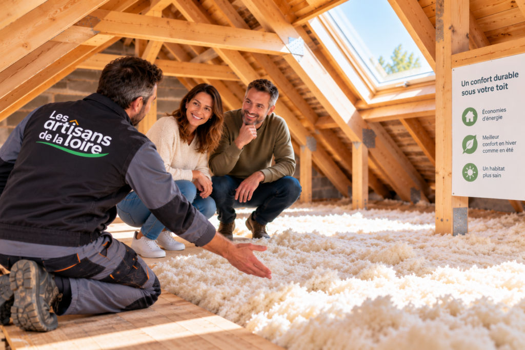 Clients satisfaits découvrant avec un artisan l’isolation de leurs combles après travaux