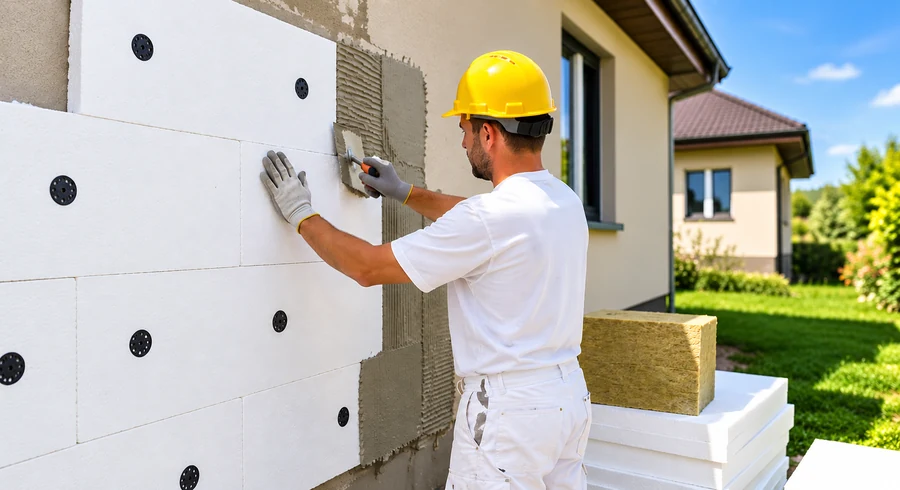 Artisan installant des panneaux isolants sur la façade extérieure d’une maison.