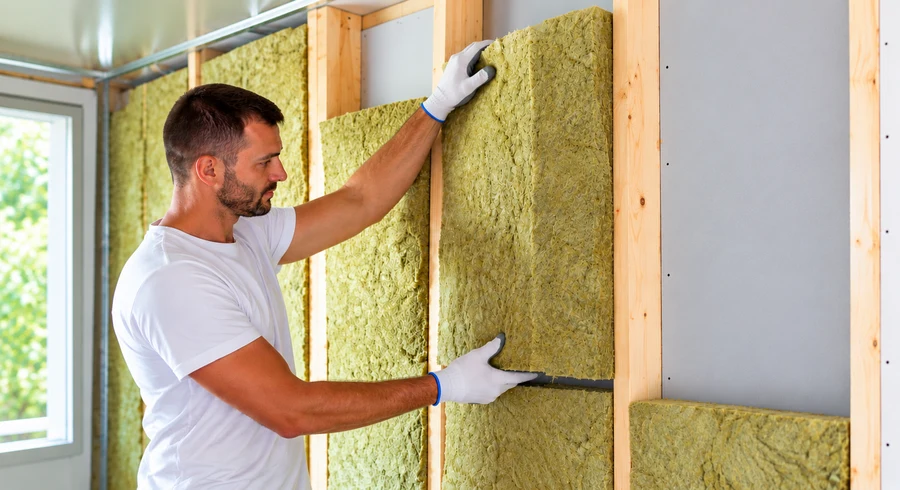 Artisan posant de la laine minérale pour isoler les murs intérieurs d’une habitation.