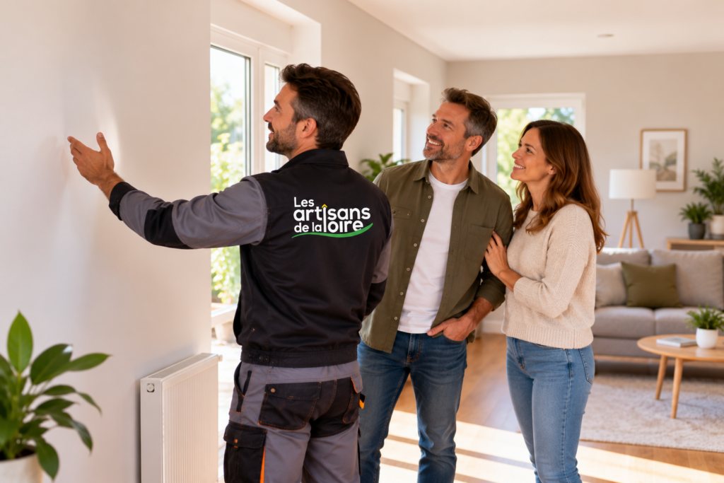 Clients satisfaits découvrant avec un artisan le résultat de l’isolation intérieure des murs après travaux